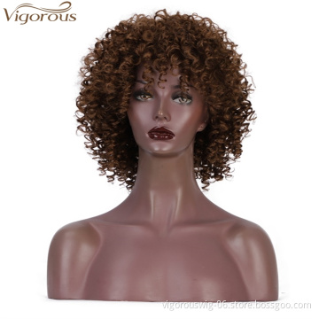 Vigorous 14 inches Afro Kinky Curly Wig With Bangs Synthetic Wig Short Brown Color Wigs for Black Women High Temperature Hair
